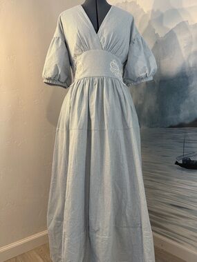 Striped Light Blue Puff-Sleeve Maxi Dress with Embroidered Waist #166